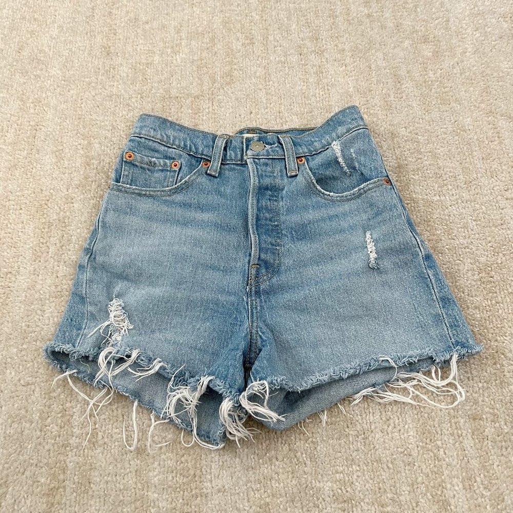 Levi's Premium High Rise Ribcage Shorts 24 Blue Light Wash